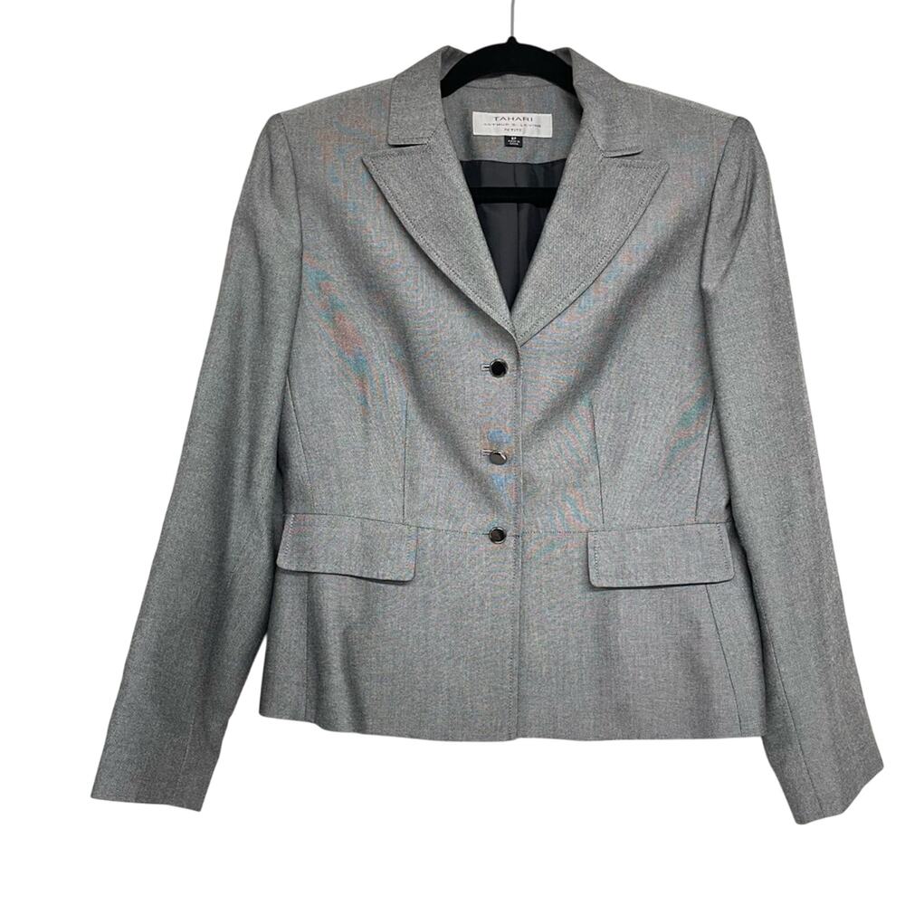 Tahari ASL Grey Fitted Three Button Blazer Jacket Womens 8P Dark Academia